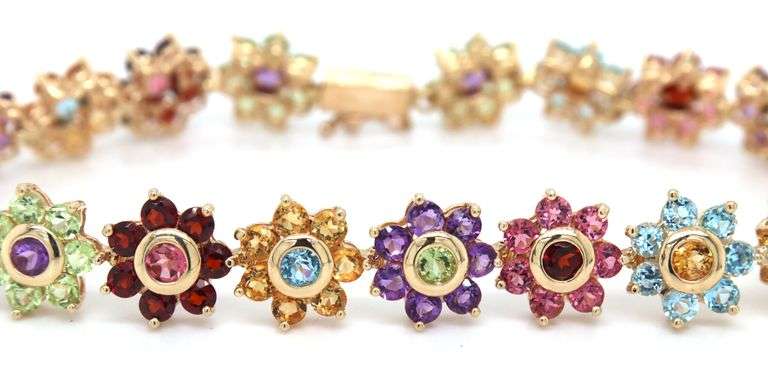 14kt Yellow gold multi gemstone flower link bracelet