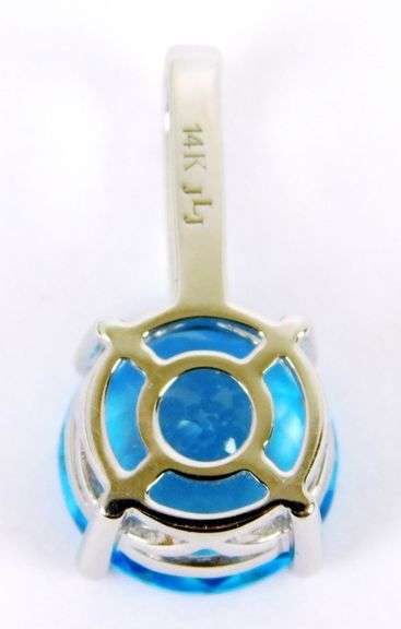 JLJ - 14K Large 10MM Blue Topaz & Diamonds Pendant