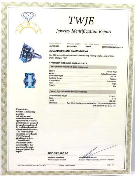 18kt White gold emerald cut aquamarine and diamond ring