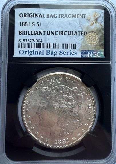 1881 S NGC MS 64 Morgan Dollar.With Original Bag Fragment