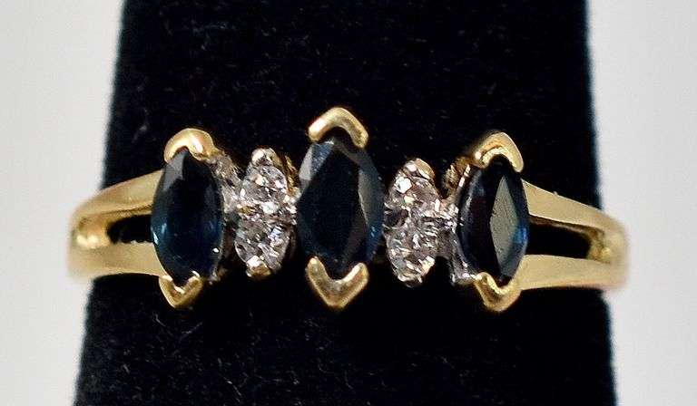 Simply Beautiful 10K Yellow Gold Blue Sapphire and Diamond Ring
