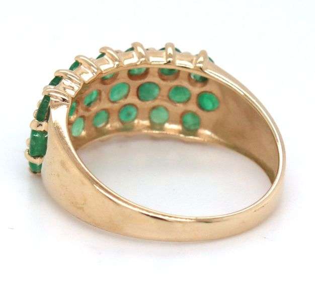 10kt Yellow gold round emerald cluster 3 row ring