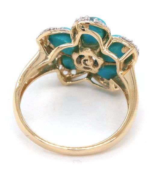 14kt Yellow gold turquoise and white topaz flower ring