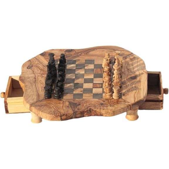 Handmade Olive Wood Chess Set 15-Inch Board with Storage