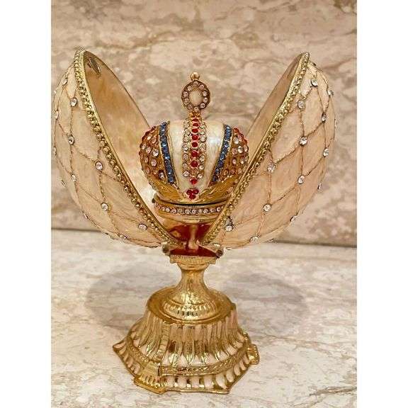 24kt Gold Fabergé Style Jeweled Crown Egg 333 Austrian Crystals