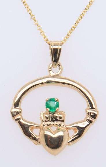 14kt Yellow Gold Emerald Claddagh Pendant on Chain