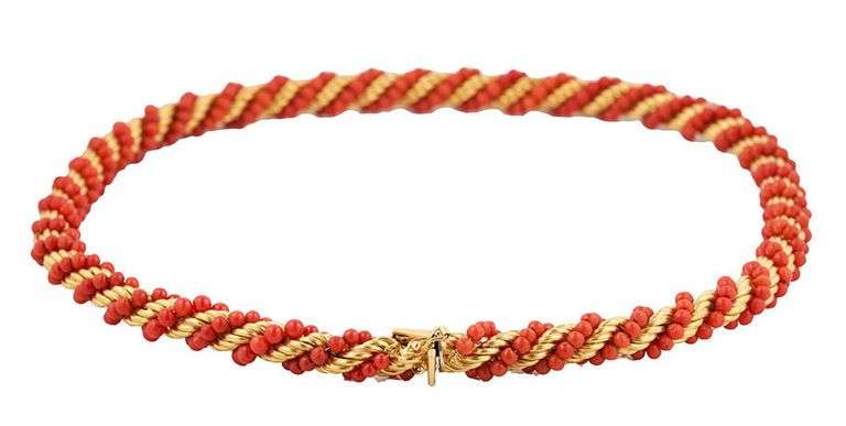 Beaded Coral Twisted Rope Chain Necklace in 18K