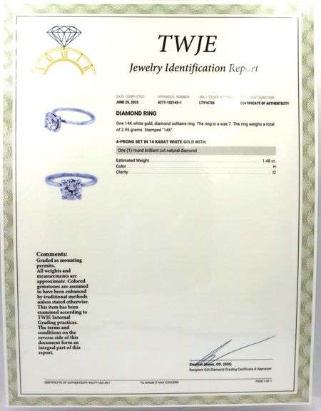 14kt White gold 1.48ct round brilliant cut diamond ring