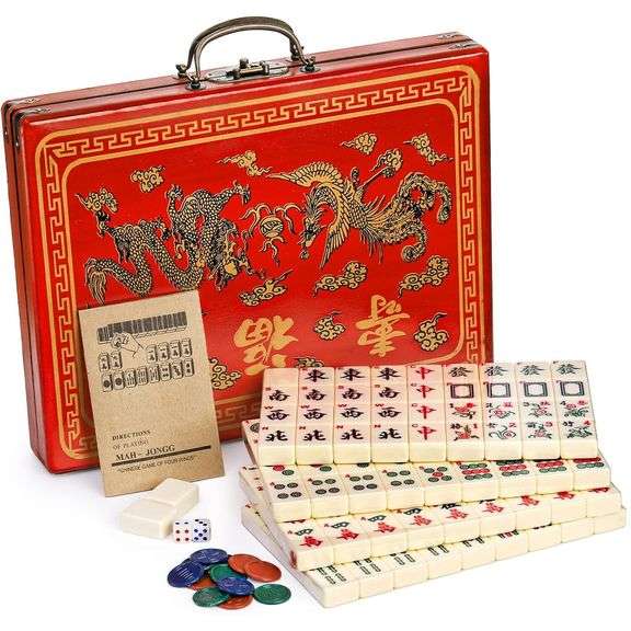 Chinese Mahjong Set 146 Ivory Tiles, Dice & Red Carrying Case