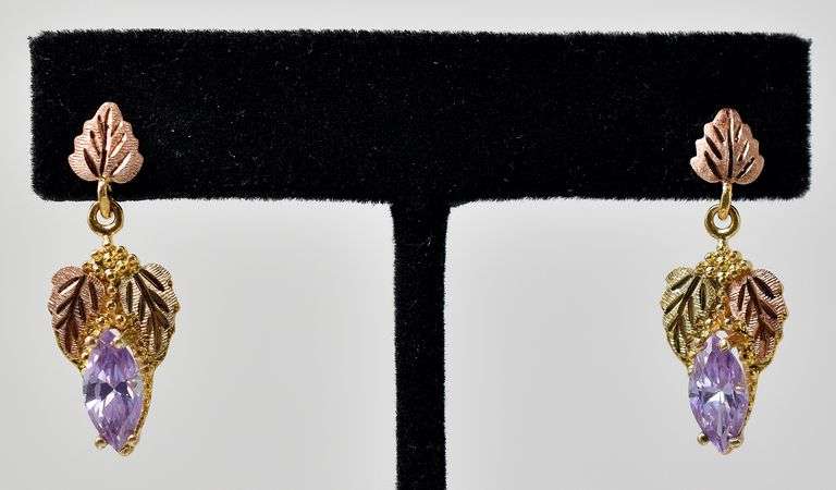Elegant 10K Yellow Gold Purple CZ Gemstone Dangle Earrings