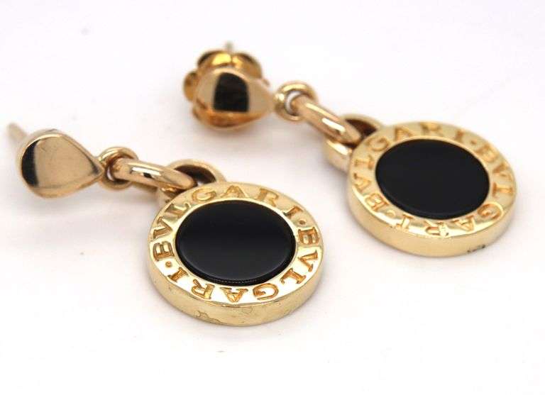 18kt Yellow gold black onyx BVlgari style round dangle earrings