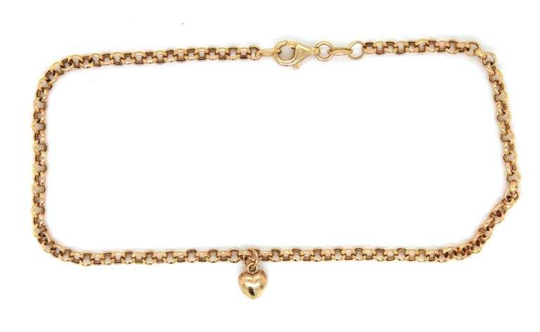 14kt Yellow gold Rolo anklet with heart charm