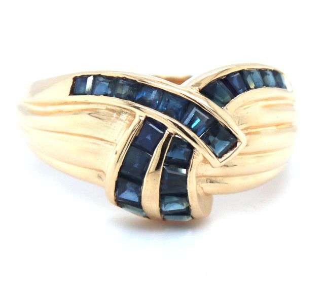 14kt Yellow gold blue sapphire channel set square cut crossover dome ring