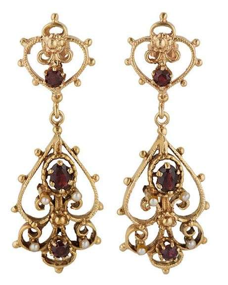 Oval and Round Garnet Seed Pearl Art Deco Heart Style Earrings in 14K