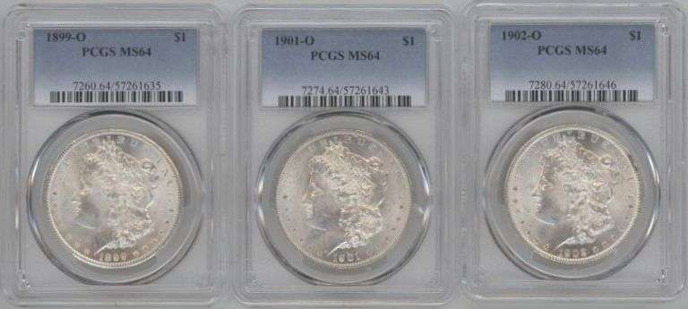 3 Diff Super Near Gem BU 'O' Mint Morgan Silver Dollars. PCGS MS64