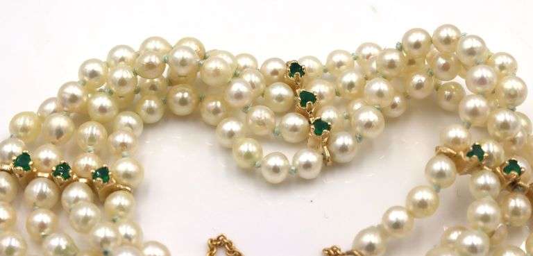4.5-5m Four row pearl emerald station bracelet in yellow gold