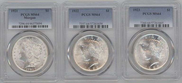 Near Gem BU 1921, 1922, & 1923 Silver Dollars. PCGS MS64