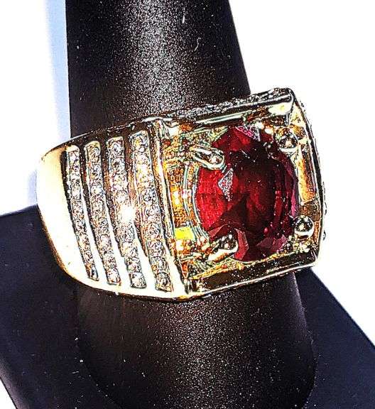 Impressive Mens 14 Kt Yellow Gold Plated 4.5 Ct Lab Simulated Ruby Diamond Ring