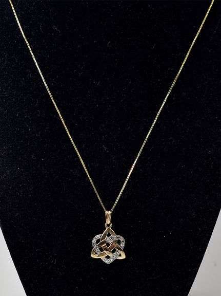 Beautiful 10K Yellow Gold Diamond Heart Triquetra Pendant Necklace