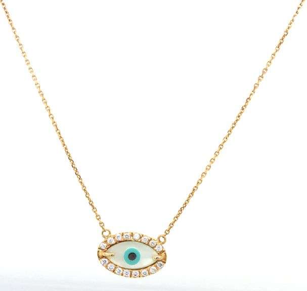 14kt Yellow gold mother of pearl and CZ evil eye necklace