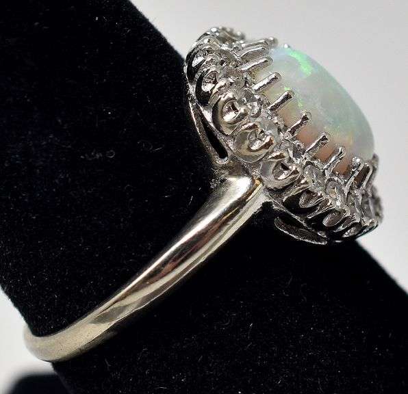 Wonderful 10K White Gold Opal Gemstone and Diamond Ring