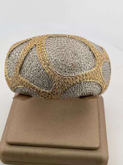 CERTIFIED 18K WHITE AND YELLOW GOLD DIAMOND BANGLE BRACELET 16.25 C.T.W.