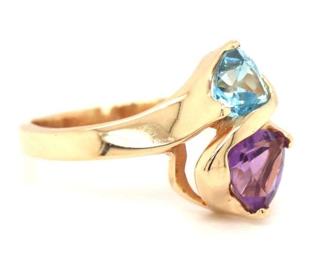 14kt Yellow gold trillion amethyst and blue topaz cross over ring
