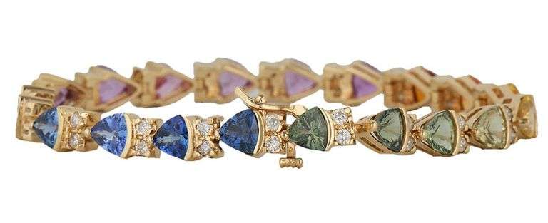 11.0ctw Trillion Cut Multi Color Sapphire and 1.20ctw Diamond Tennis Bracelet in 14K