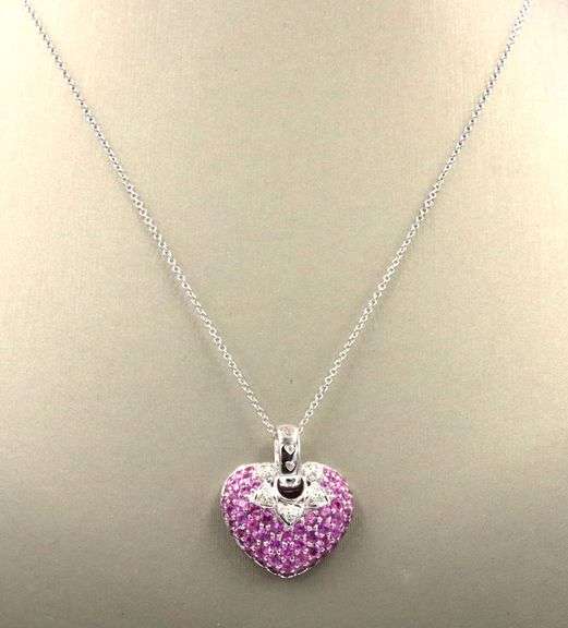 18kt White gold pink sapphire and diamond heart pendant on chain