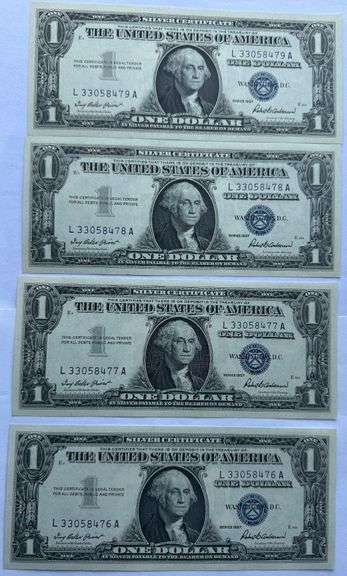 Four Consecutive 1957 Unc $1 Silver Certificates