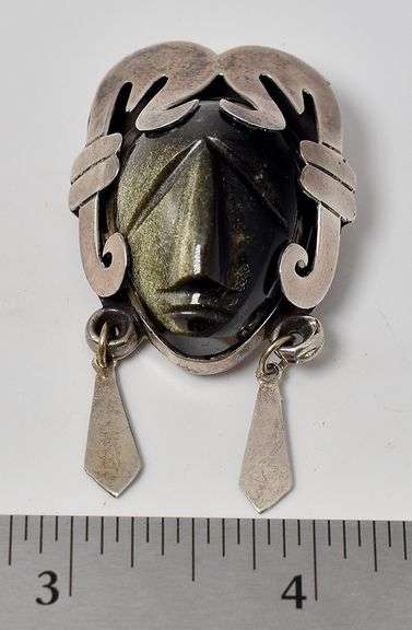 Sterling Silver Vintage Carved Golden Sheen Obsidian Gemstone  Pendant or Brooch