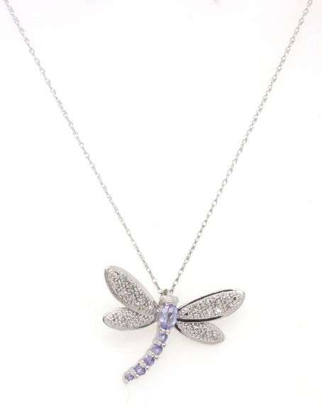 10kt White gold oval tanzanite and diamond dragonfly pendant on chain