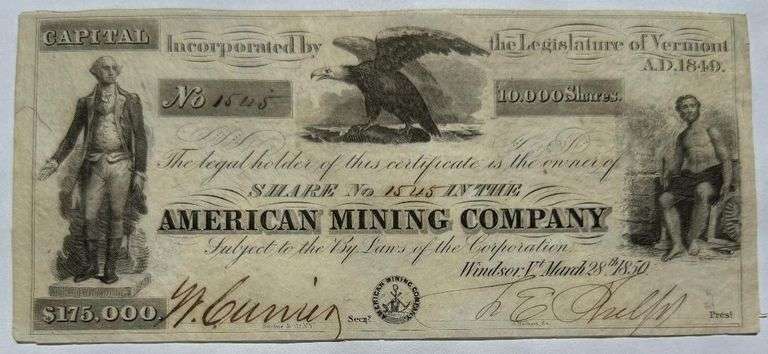 American Mining Company Stock Share Windsor Vt March 28 1850.