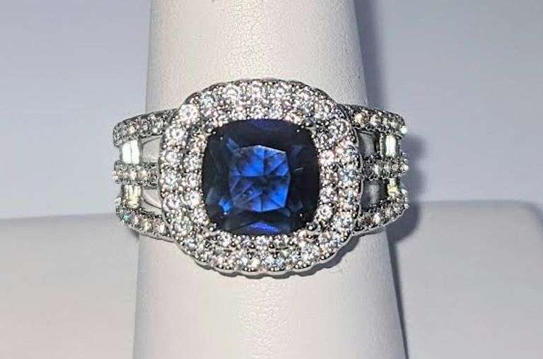 Stunning 14 Kt White Gold Plate 1.75 Ct Midnight Blue Simulated Sapphire Diamond Ringmond Ring