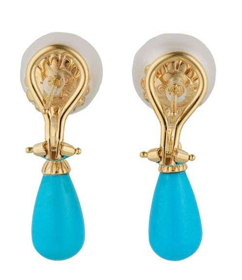 11.0MM Button Pearl Turquoise and 0.03ctw Diamond Accent Drop Earrings in 18K
