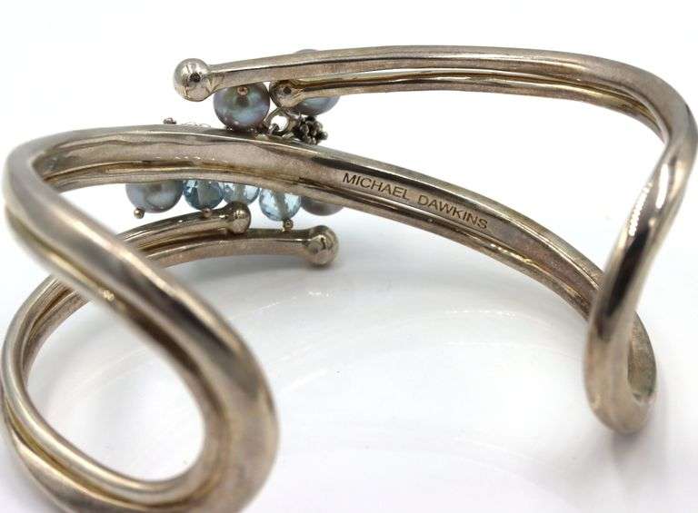 925 Sterling Silver Michael Dawkins Pearl & Blue Topaz Cuff Bracelet