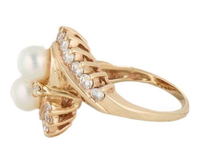 6.0MM Double Pearl and Diamond Crossover Ring in 14K