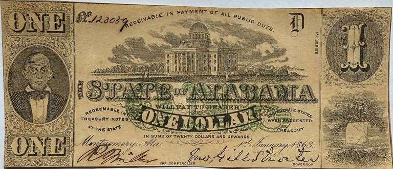 $1 Near Uncirculated State of Alabama Jan 1 1863 Series Note