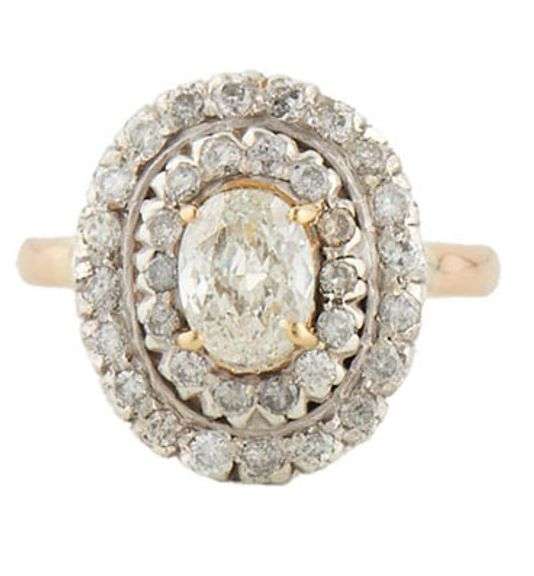 Vintage 1.37ctw Oval and Round Diamond Double Frame Two Tone Engagement Ring in 18K
