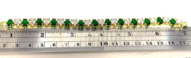 18 Kt White Gold Plated Huge 32.5 Ctw Lab Simulated Diamond and Green Emerald Tennis Bracelet