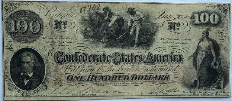 August 30 1862 $100  Series Confederate States Watermarked Note.