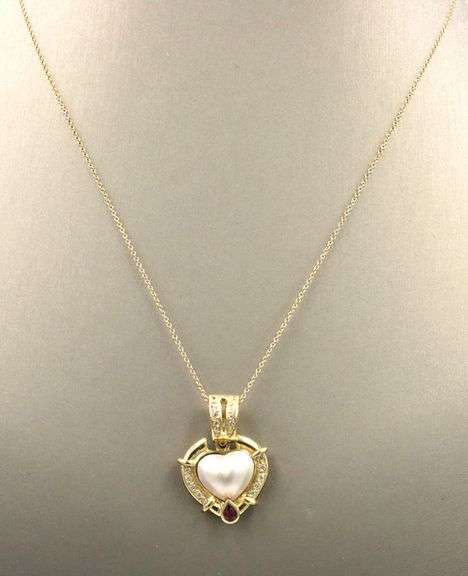 18kt Yellow gold heart shaped Mabe pearl and pear ruby and diamond accent enhancer pendant on chain