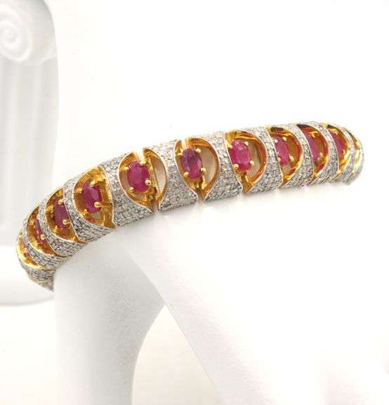 Angelic 11.69CTW Oval Shaped Emerald-Cut Ruby & 3.90CTW Diamond Bracelet in 14K Gold Over Sterling S