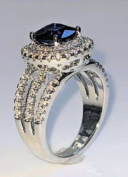 Stunning 14 Kt White Gold Plate 1.75 Ct Midnight Blue Simulated Sapphire Diamond Ringmond Ring