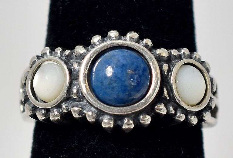 Sodalite Gemstone and Mother of Pearl Ring in Sterling Silver