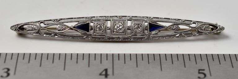 Vintage 14k White Gold Diamond and Blue Sapphire Gemstone Brooch