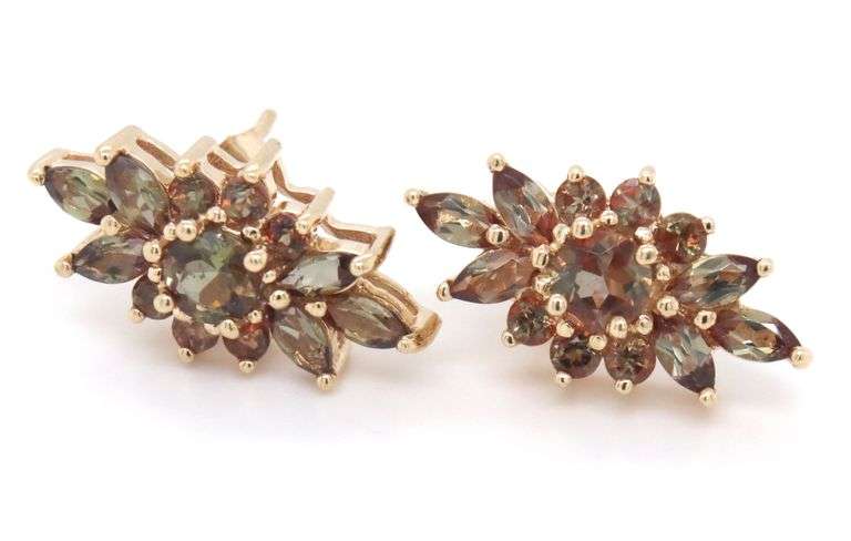 10kt Yellow gold Andalusite marquise and round cluster earrings