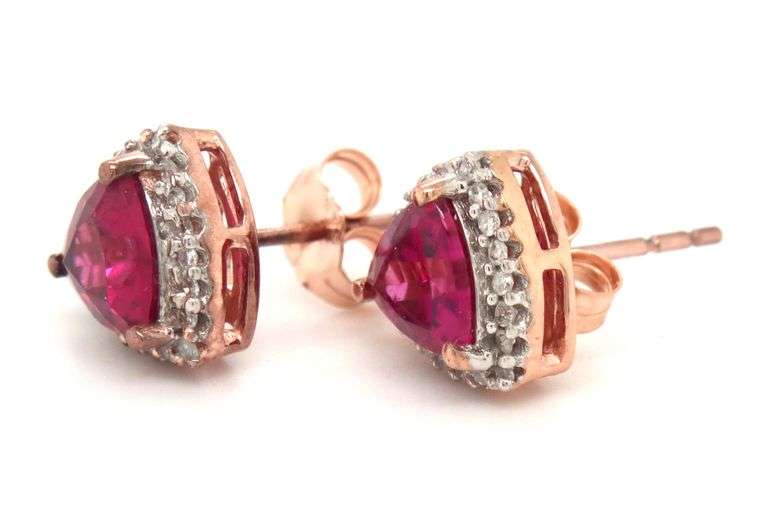 14kt Yellow gold Trillion tourmaline and diamond halo earrings