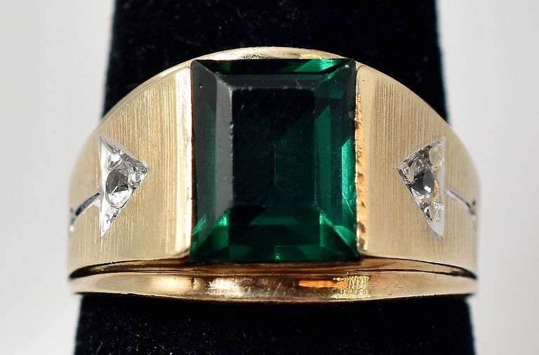 Handsome 10K Yellow Gold Emerald and Diamond Men's Ring