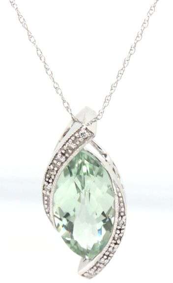 14kt White gold marquise Prasolite and diamond pendant on chain
